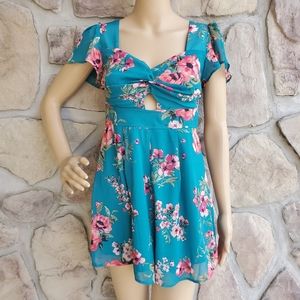 TRIXXI | Blue and Pink Short Sleeve Floral Romper